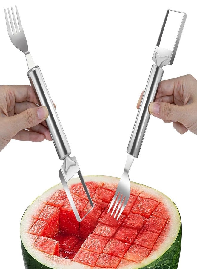 Hatanu Mall 2 Pack Watermelon Fork Cutter Slicer Tool, 2-in-1 Stainless Steel Fruit Cutter Melon Slicer Cutter Tool, Watermelon Cutting Tool for Home Party Camping Kitchen Gadget - Image 1